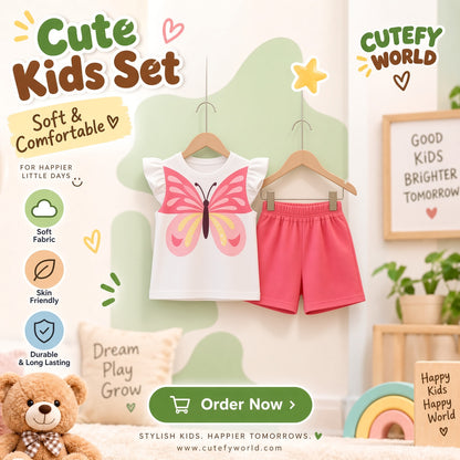 Cutefy Pink Butterfly T-shirts For Kids (3 Months-6 Years) Comfortable Kids Wear