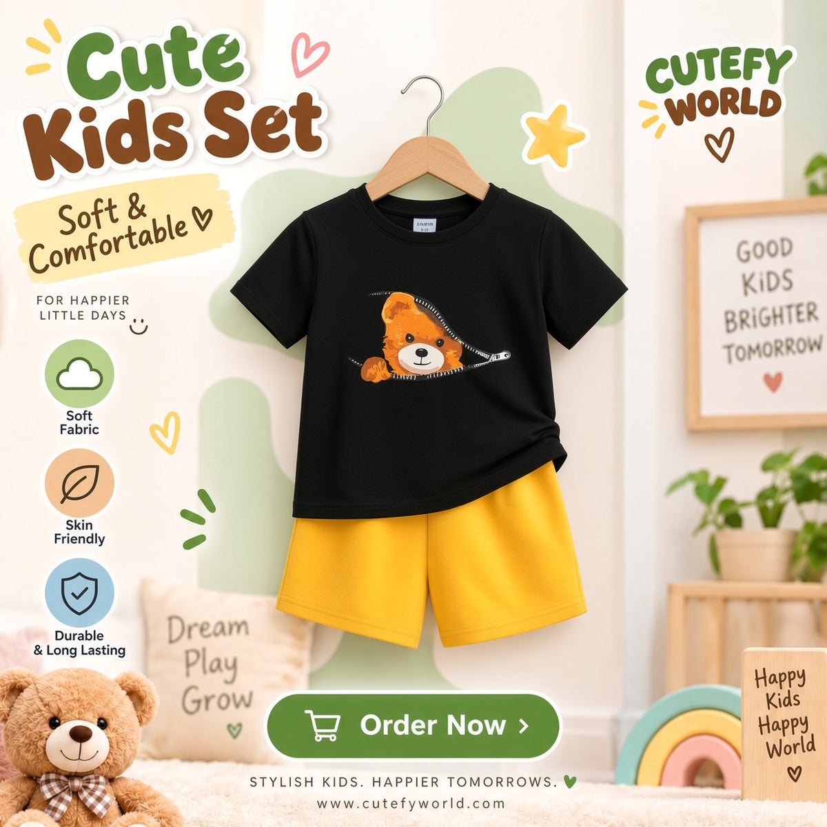 Cutefy Zipper Printed Bear T-shirts For Kids (3 Months-6 Years) Comfortable Kids Wear