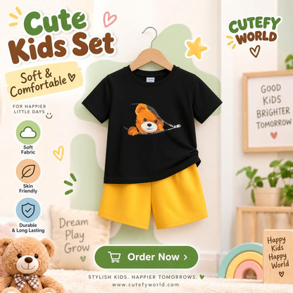 Cutefy Zipper Printed Bear T-shirts For Kids (3 Months-6 Years) Comfortable Kids Wear