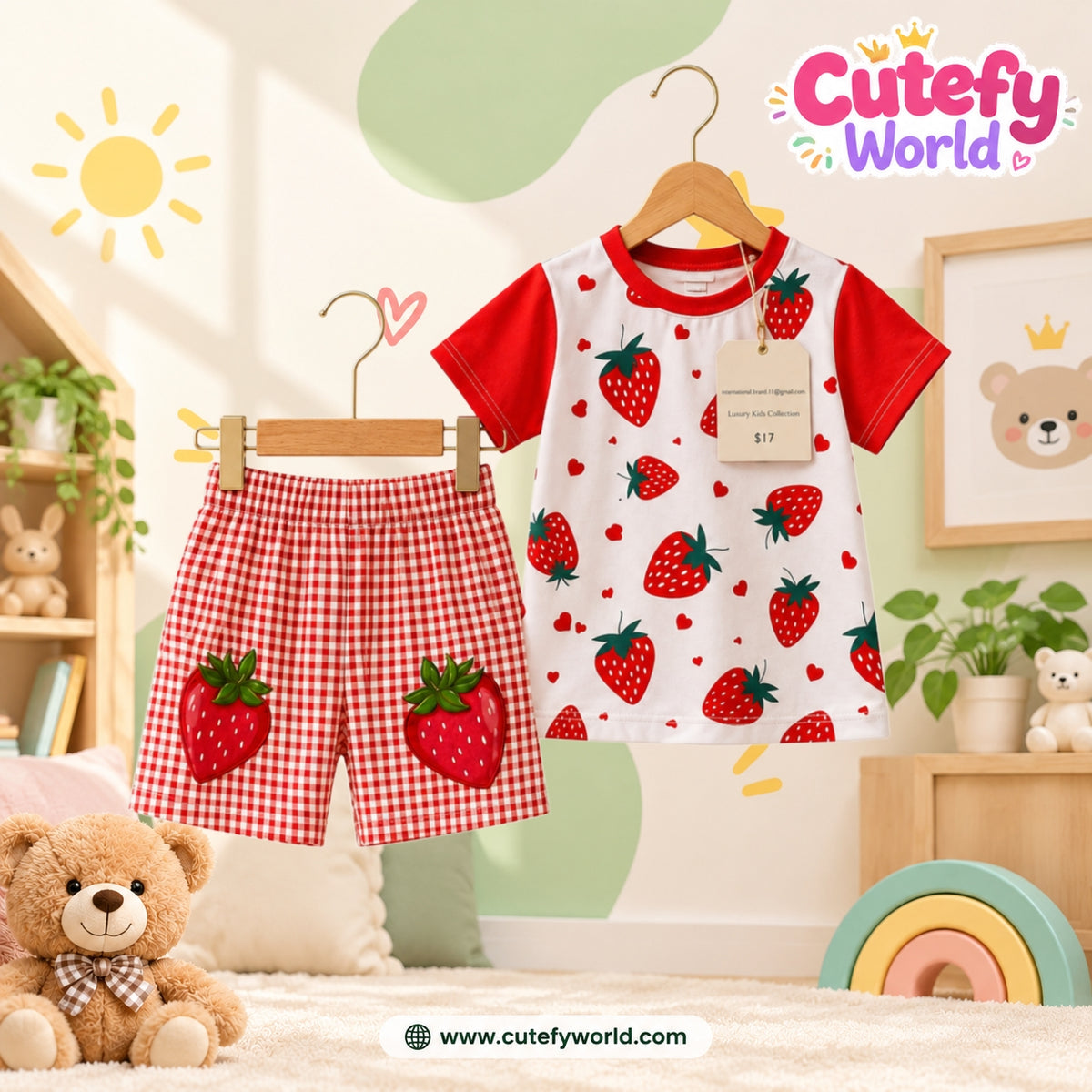 Cutefy Strawberry Gingham T-shirts For Kids (3 Months-6 Years) Comfortable Kids Wear