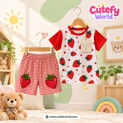 Cutefy Strawberry Gingham T-shirts For Kids (3 Months-6 Years) Comfortable Kids Wear