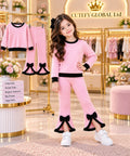 Cutefy Pink Ribbed Black Bow Flare Sweatshirt Set For Kids (3 Months-8 Years) Comfortable Kids Wear