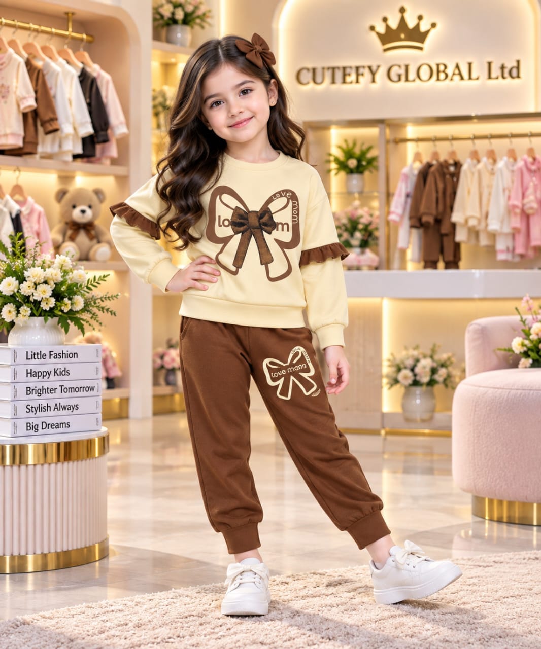 Cutefy Love Mom Bow Cream Sweatshirt Set For Kids (3 Months-8 Years) Comfortable Kids Wear