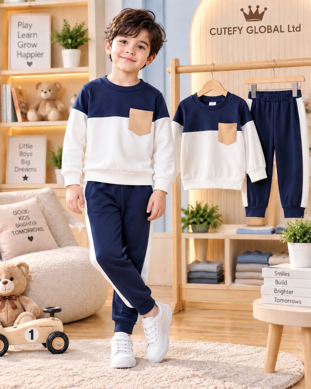 Cutefy Navy White Colorblock Pocket Sweatshirt Set For Kids (3 Months-8 Years) Comfortable Kids Wear