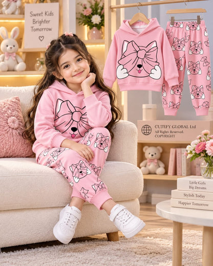 Cutefy Pink Bow Puppy Hoodie Set For Kids (3 Months-8 Years) Comfortable Kids Wear