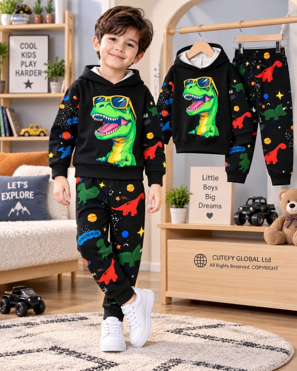 Cutefy Cool Dino Sunglasses Space Hoodie Set For Kids (3 Months-8 Years) Comfortable Kids Wear