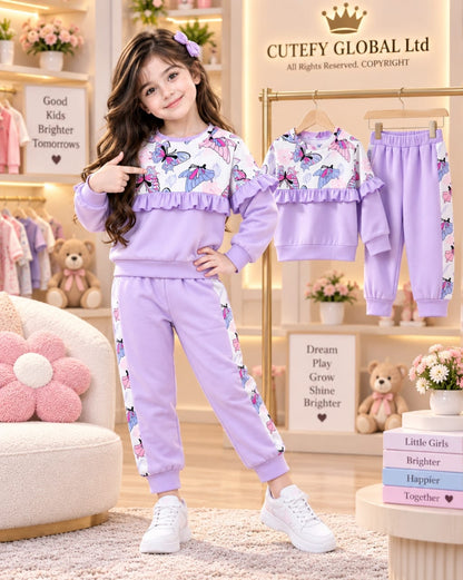 Cutefy Butterfly Ruffle Lilac Sweatshirt Set For Kids (3 Months-8 Years) Comfortable Kids Wear