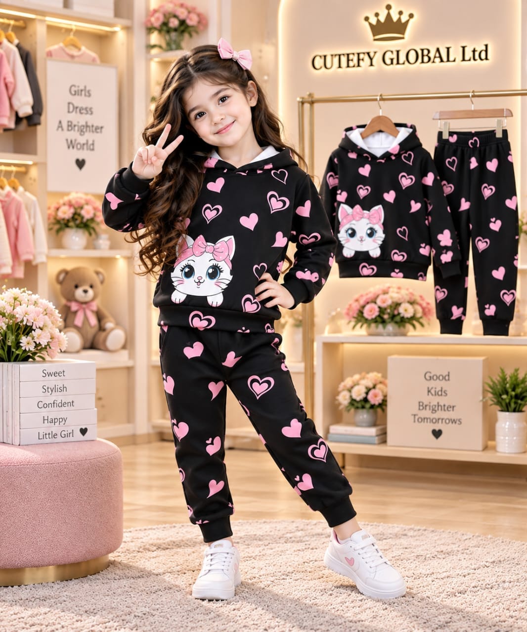 Cutefy Pink Heart Cat Hoodie Set For Kids (3 Months-8 Years) Comfortable Kids Wear