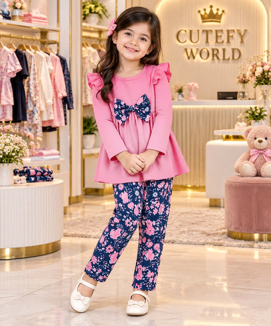 Cutefy Pink Floral Bow Long Sleeve Set For Kids (3 Months-12 Years) Comfortable Kids Wear