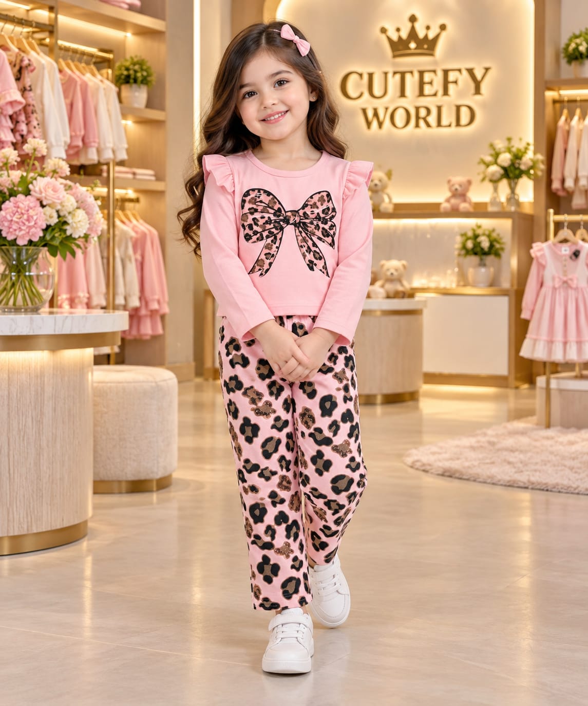 Cutefy Pink Leopard Bow Long Sleeve Set For Kids (3 Months-12 Years) Comfortable Kids Wear