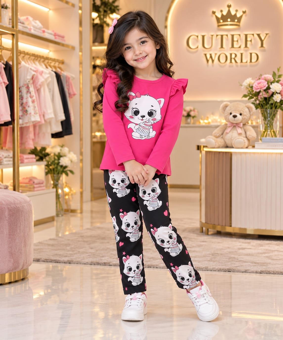 Cutefy Cupcake Cat Pink Long Sleeve Set For Kids (3 Months-12 Years) Comfortable Kids Wear