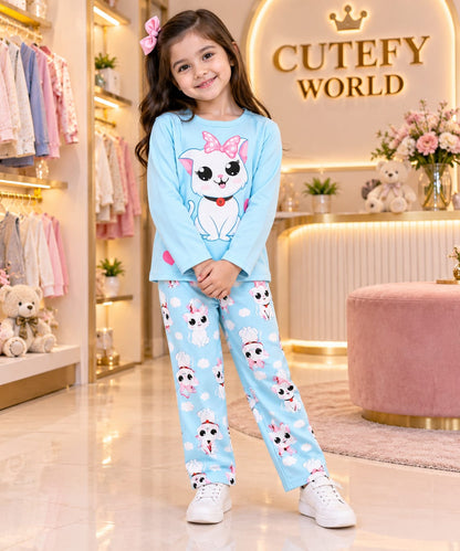 Cutefy Blue Bow Cat Long Sleeve Set For Kids (3 Months-12 Years) Comfortable Kids Wear