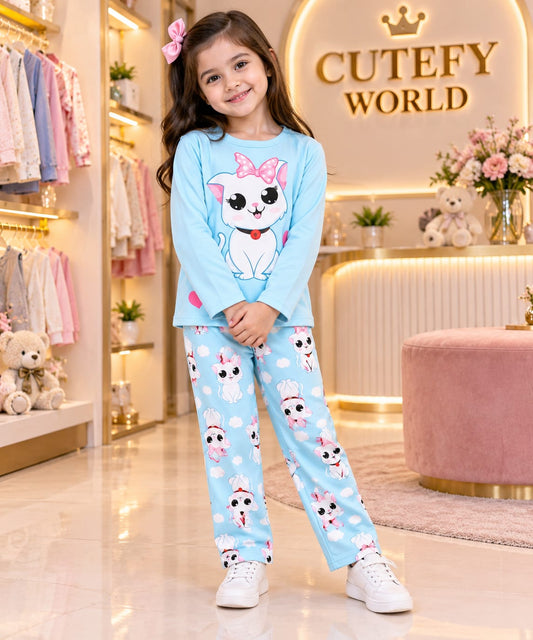 Cutefy Blue Bow Cat Long Sleeve Set For Kids (3 Months-12 Years) Comfortable Kids Wear