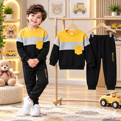 Cutefy Hello Colorblock Pocket Sweatshirt Set For Kids (3 Months-8 Years) Comfortable Kids Wear
