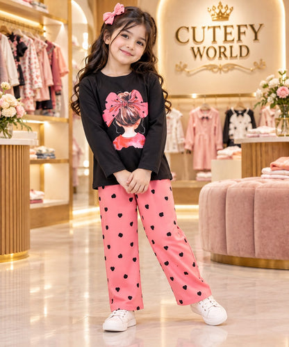 Cutefy Pink Bow Girl Heart Pants Long Sleeve Set For Kids (1 Year-12 Years) Comfortable Kids Wear