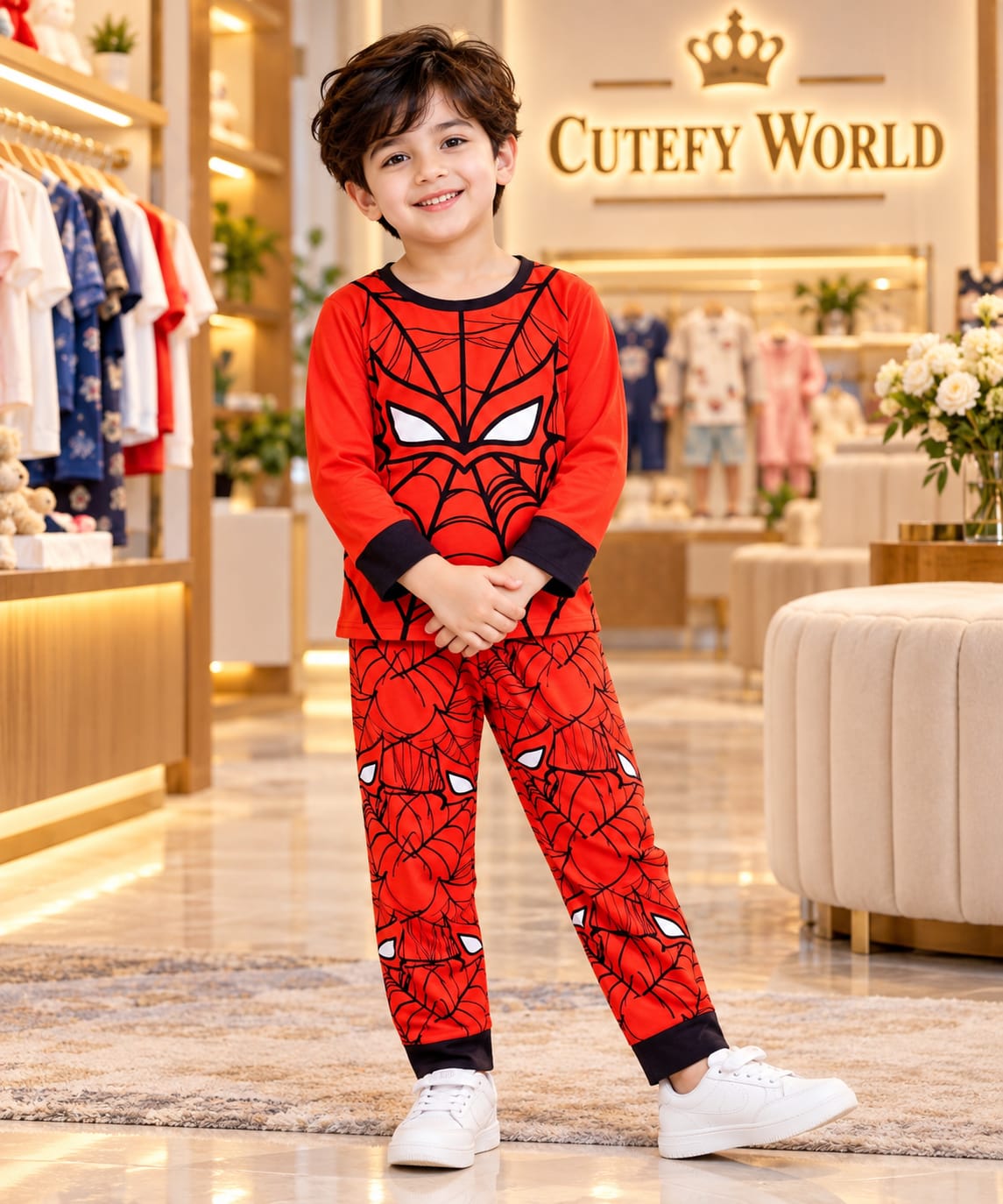 Cutefy Spider-Man Face Red Long Sleeve Set For Kids (1 Year-12 Years) Comfortable Kids Wear