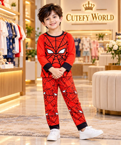 Cutefy Spider-Man Face Red Long Sleeve Set For Kids (1 Year-12 Years) Comfortable Kids Wear