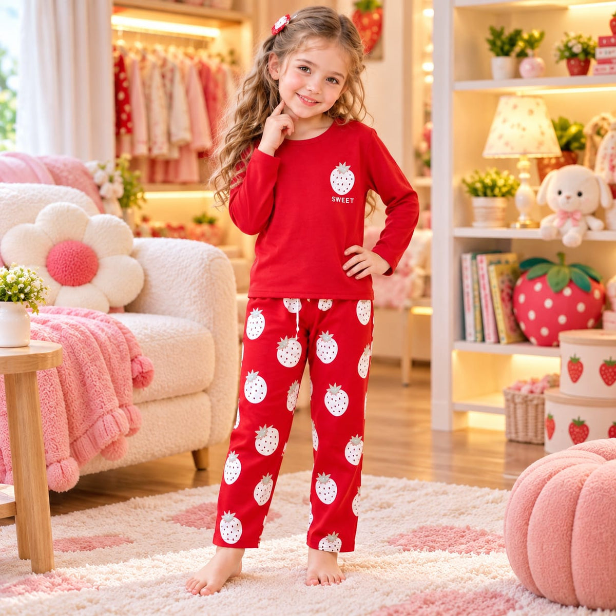 Cutefy Sweet Strawberry Red Long Sleeve Set For Kids (1 Year-12 Years) Comfortable Kids Wear