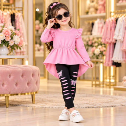 Cutefy Pink Peplum Butterfly Leggings Long Sleeve Set For Kids (1 Year-12 Years) Comfortable Kids Wear
