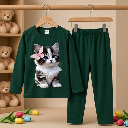 Cutefy Butterfly Kitten Green Long Sleeve Set For Kids (1 Year-12 Years) Comfortable Kids Wear