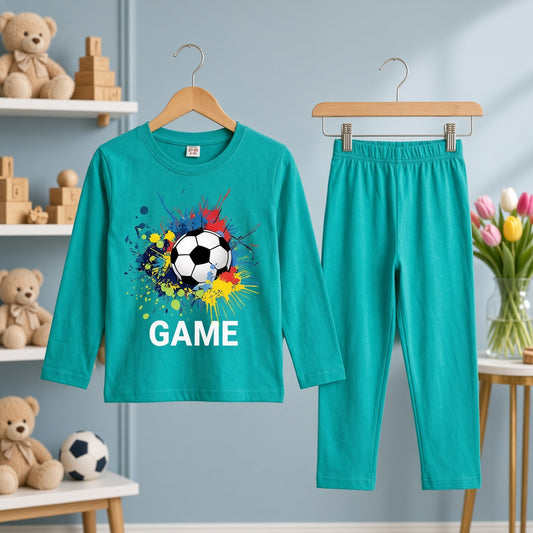 Cutefy Game Soccer Teal Long Sleeve Set For Kids (1 Year-12 Years) Comfortable Kids Wear