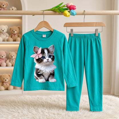 Cutefy Butterfly Kitten Teal Long Sleeve Set For Kids (1 Year-12 Years) Comfortable Kids Wear