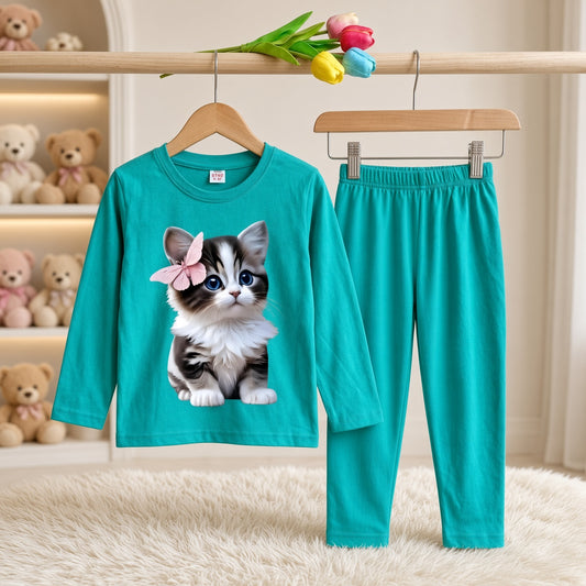 Cutefy Butterfly Kitten Teal Long Sleeve Set For Kids (1 Year-12 Years) Comfortable Kids Wear