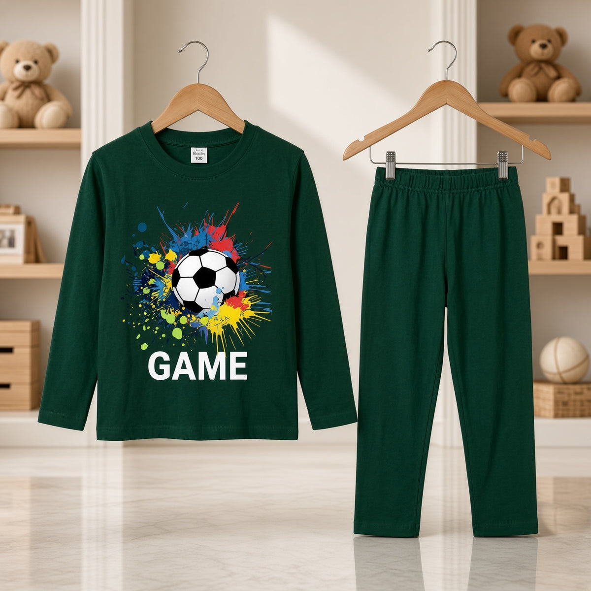Cutefy Game Soccer Green Long Sleeve Set For Kids (1 Year-12 Years) Comfortable Kids Wear