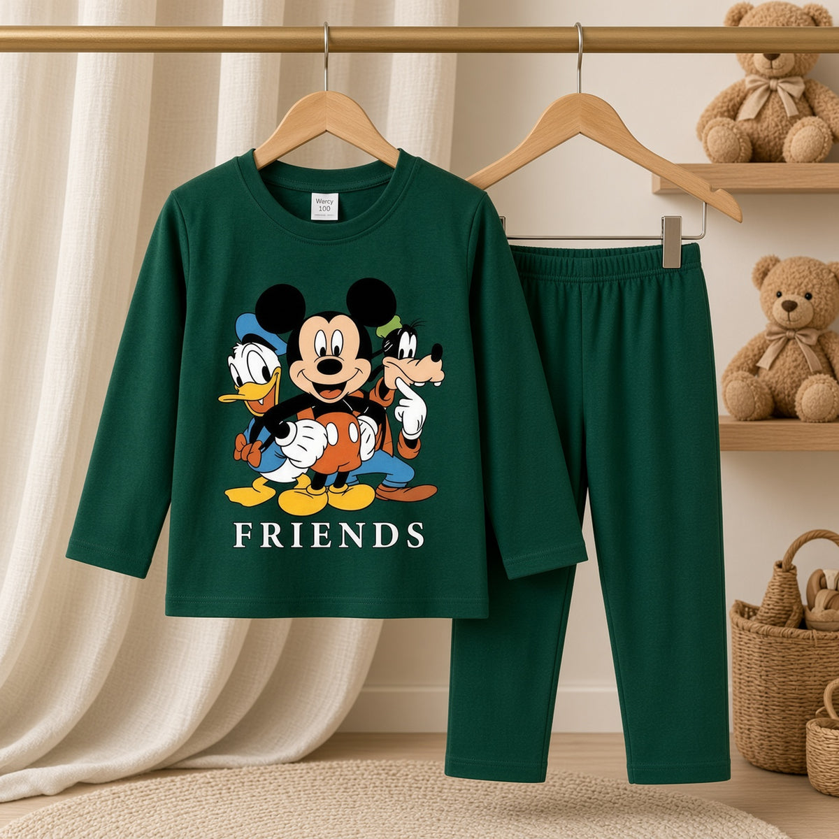 Cutefy Friends Mickey Green Long Sleeve Set For Kids (1 Year-12 Years) Comfortable Kids Wear