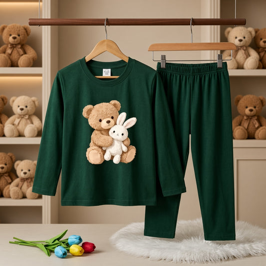 Cutefy Teddy Bunny Dark Green Long Sleeve Set For Kids (1 Year-12 Years) Comfortable Kids Wear