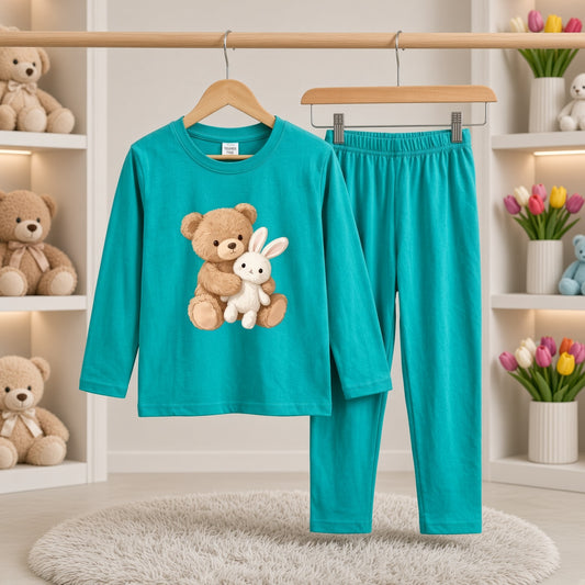 Cutefy Teddy Bunny Teal Long Sleeve Set For Kids (1 Year-12 Years) Comfortable Kids Wear