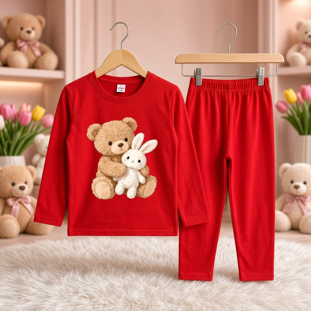 Cutefy Teddy Bunny Red Long Sleeve Set For Kids (1 Year-12 Years) Comfortable Kids Wear
