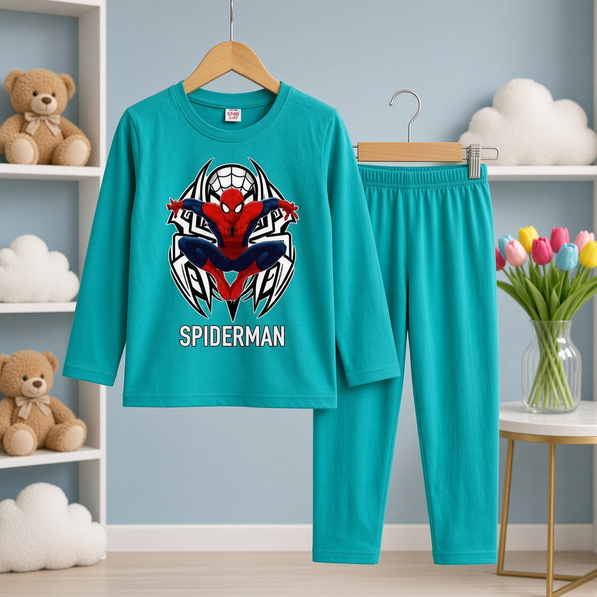 Cutefy Spiderman Teal Long Sleeve Set For Kids (1 Year-12 Years) Comfortable Kids Wear