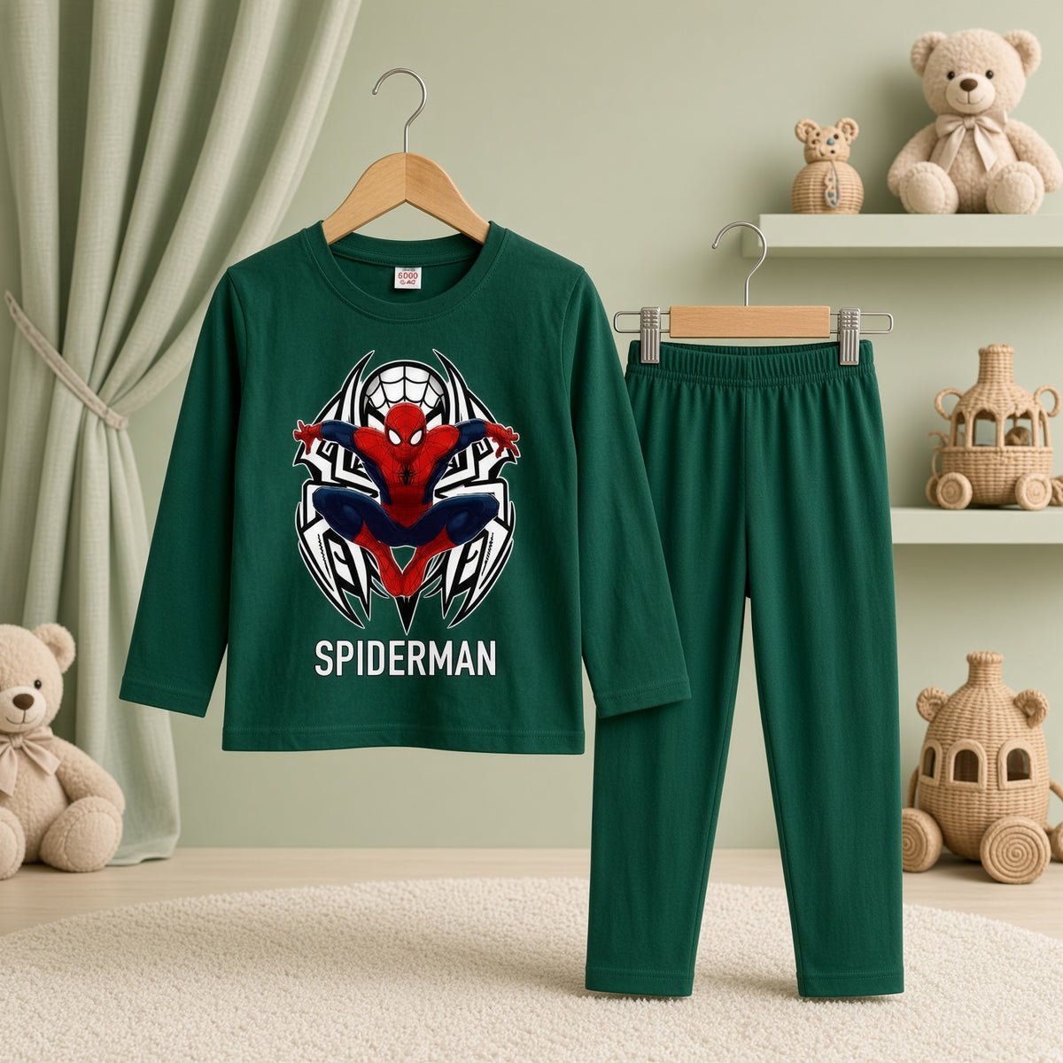 Cutefy Spiderman Green Long Sleeve Set For Kids (1 Year-12 Years) Comfortable Kids Wear