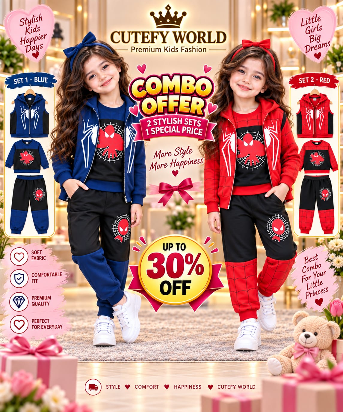 Cutefy Girls Spider-Man Blue Red Combo 6 Piece Winter Jacket Set For Kids (1 Year-12 Years) Comfortable Kids Wear