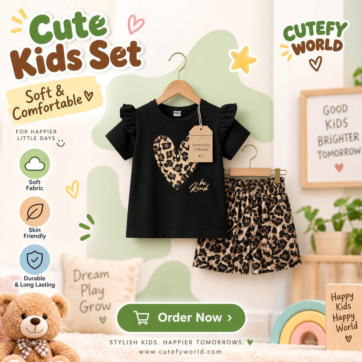 Cutefy Leopard Heart Be Kind T-shirts For Kids (3 Months-6 Years) Comfortable Kids Wear