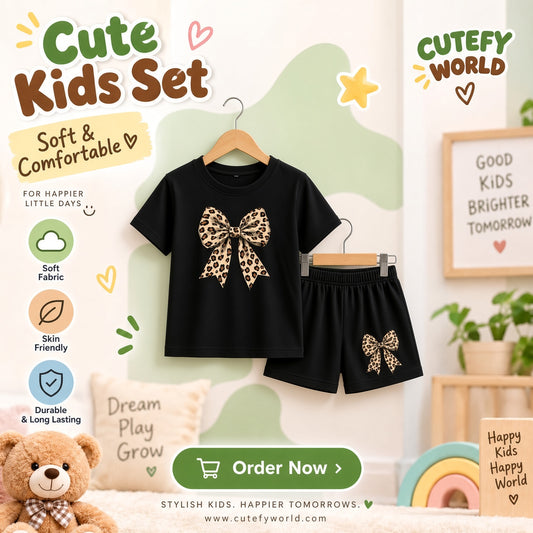Cutefy Black Leopard Bow T-shirts For Kids (3 Months-6 Years) Comfortable Kids Wear