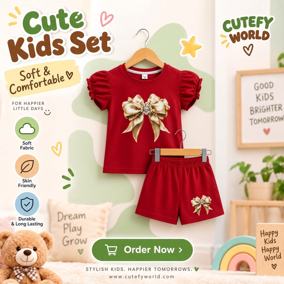 Cutefy Gold Bow Red T-shirts For Kids (3 Months-6 Years) Comfortable Kids Wear