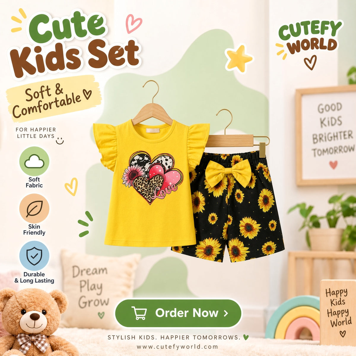 Cutefy Love Hearts Sunflower T-shirts For Kids (3 Months-6 Years) Comfortable Kids Wear