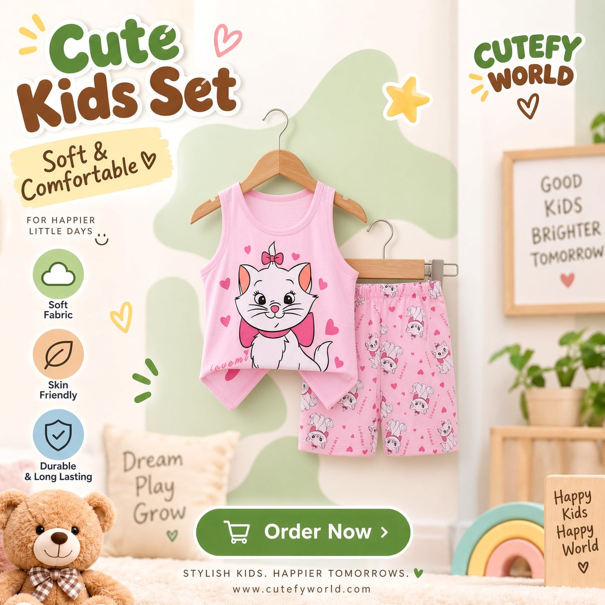 Cutefy Pink Bow Cat T-shirts For Kids (3 Months-6 Years) Comfortable Kids Wear