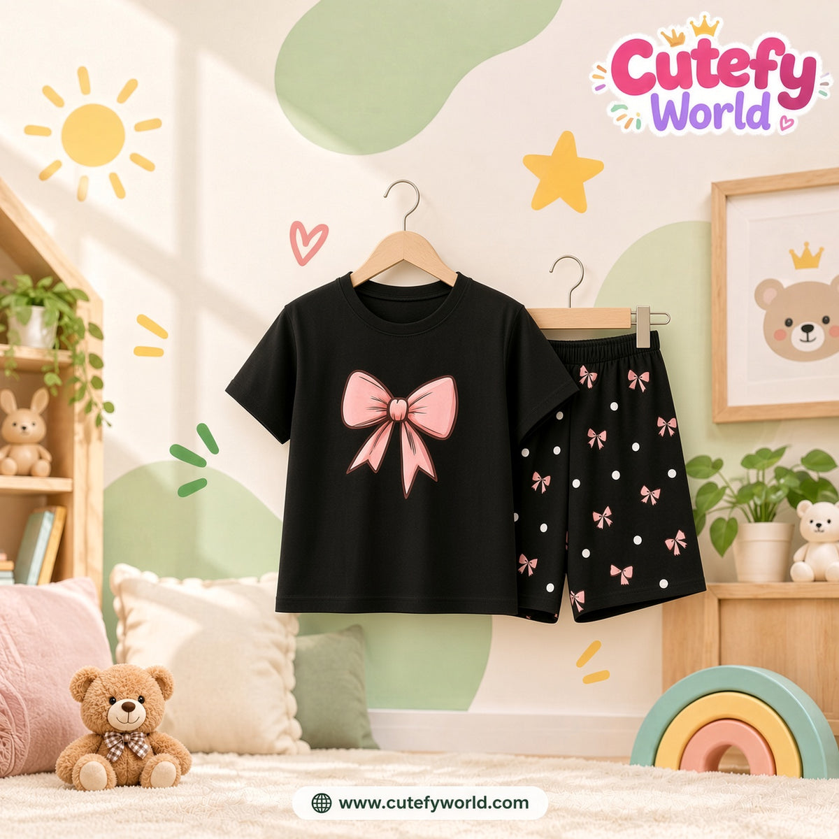 Cutefy Pink Bow Black T-shirts For Kids (3 Months-6 Years) Comfortable Kids Wear