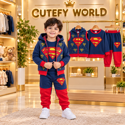 Cutefy Superman Navy 3 Piece Sleeveless Jacket Set For Girls (1 Year-12 Years) Comfortable Kids Wear