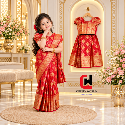 Cutefy Red Gold Floral Kids Saree Set For Kids (1 Year-12 Years) Comfortable Kids Wear