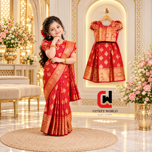 Cutefy Red Gold Floral Kids Saree Set For Kids (1 Year-12 Years) Comfortable Kids Wear