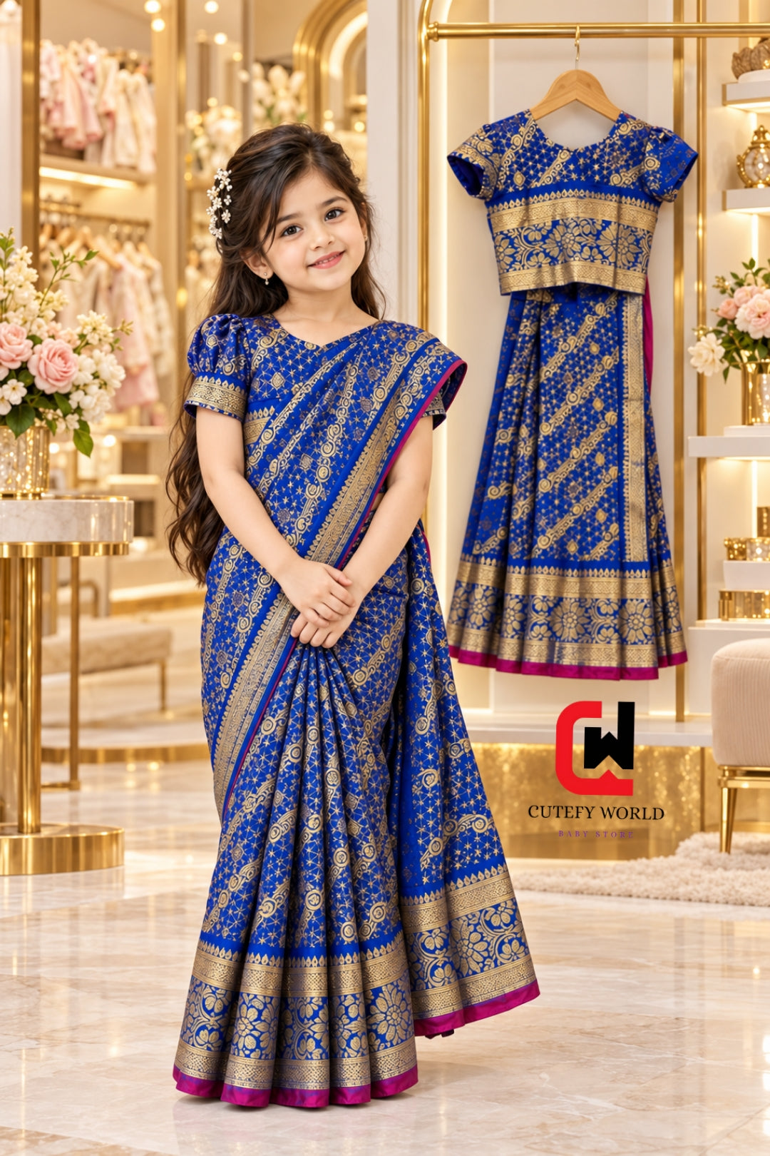 Cutefy Blue Gold Floral Kids Saree Set For Kids (1 Year-12 Years) Comfortable Kids Wear