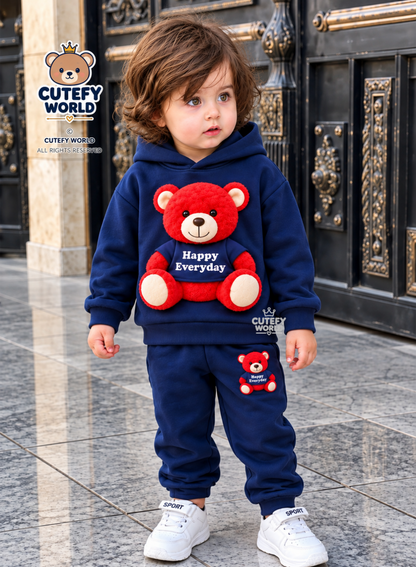 Cutefy Happy Everyday Teddy Navy Hoodie Set For Kids (1 Year-12 Years) Comfortable Kids Wear