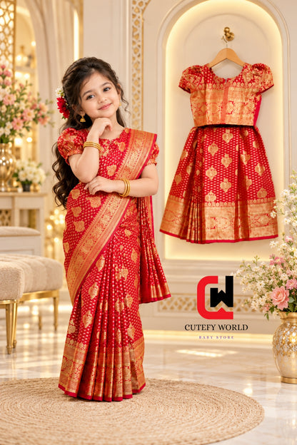 Cutefy Red Gold Floral Kids Saree Set For Kids (1 Year-12 Years) Comfortable Kids Wear