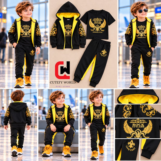 Cutefy Rock Style Black Yellow 3 Piece Vest Set For Kids (1 Year-12 Years) Comfortable Kids Wear