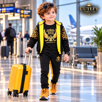 Cutefy Rock Style Black Yellow 3 Piece Vest Set For Kids (1 Year-12 Years) Comfortable Kids Wear