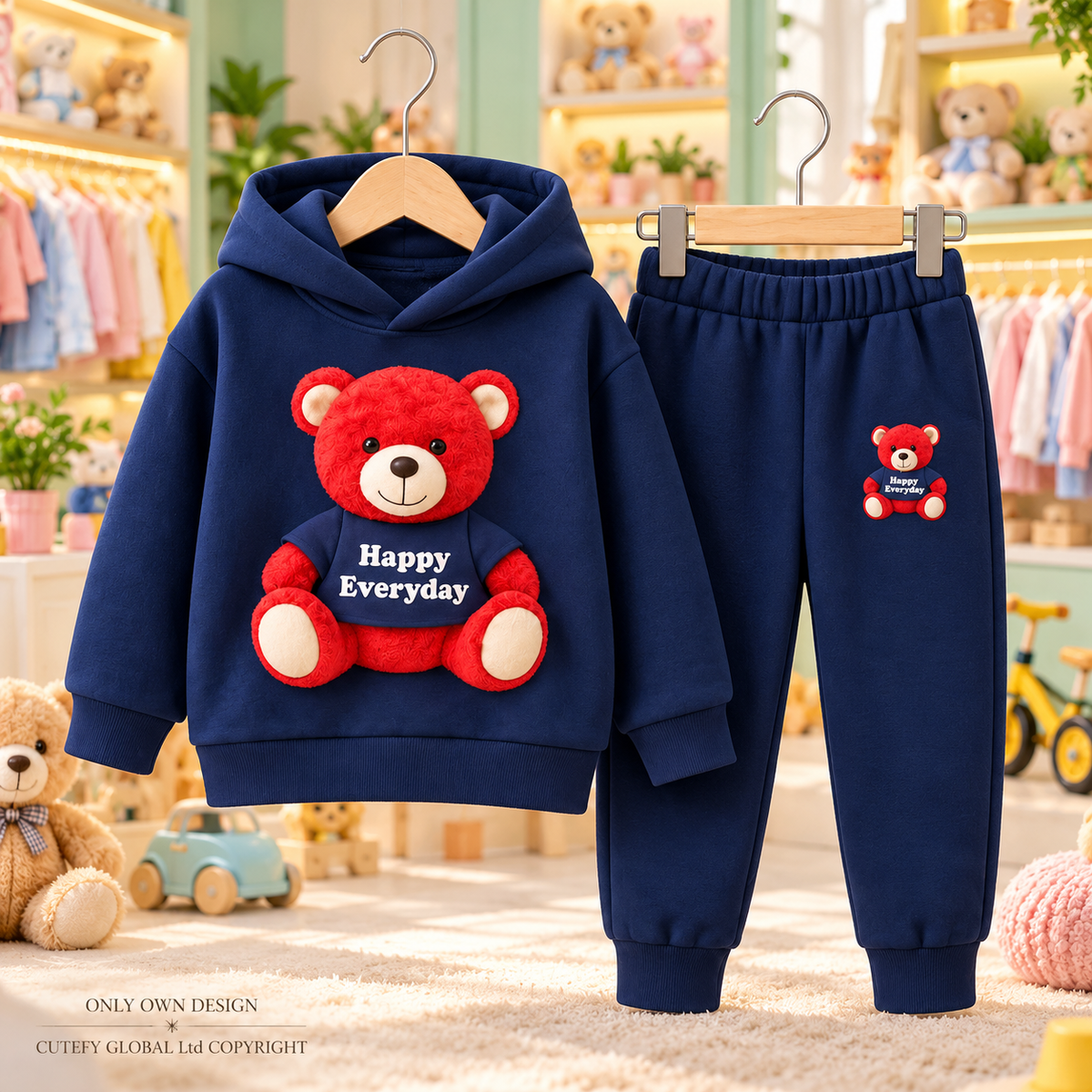 Cutefy Happy Everyday Teddy Navy Hoodie Set For Kids (1 Year-12 Years) Comfortable Kids Wear